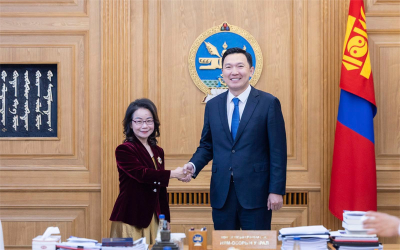 蒙古国总理乌其尔勒会见沈敏娟大使。